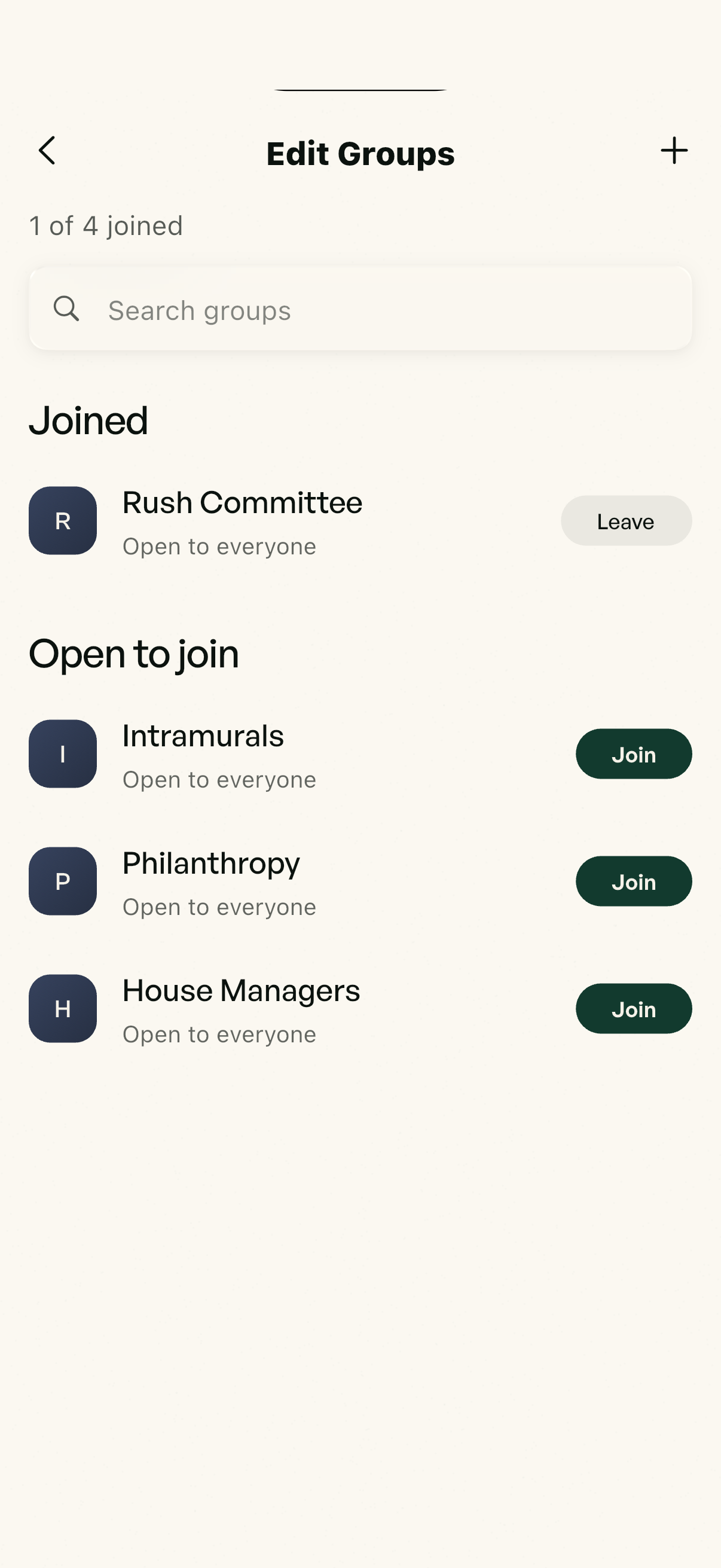 Editing groups: Social Committee, Rush Team and Intramurals, each with a join or leave button