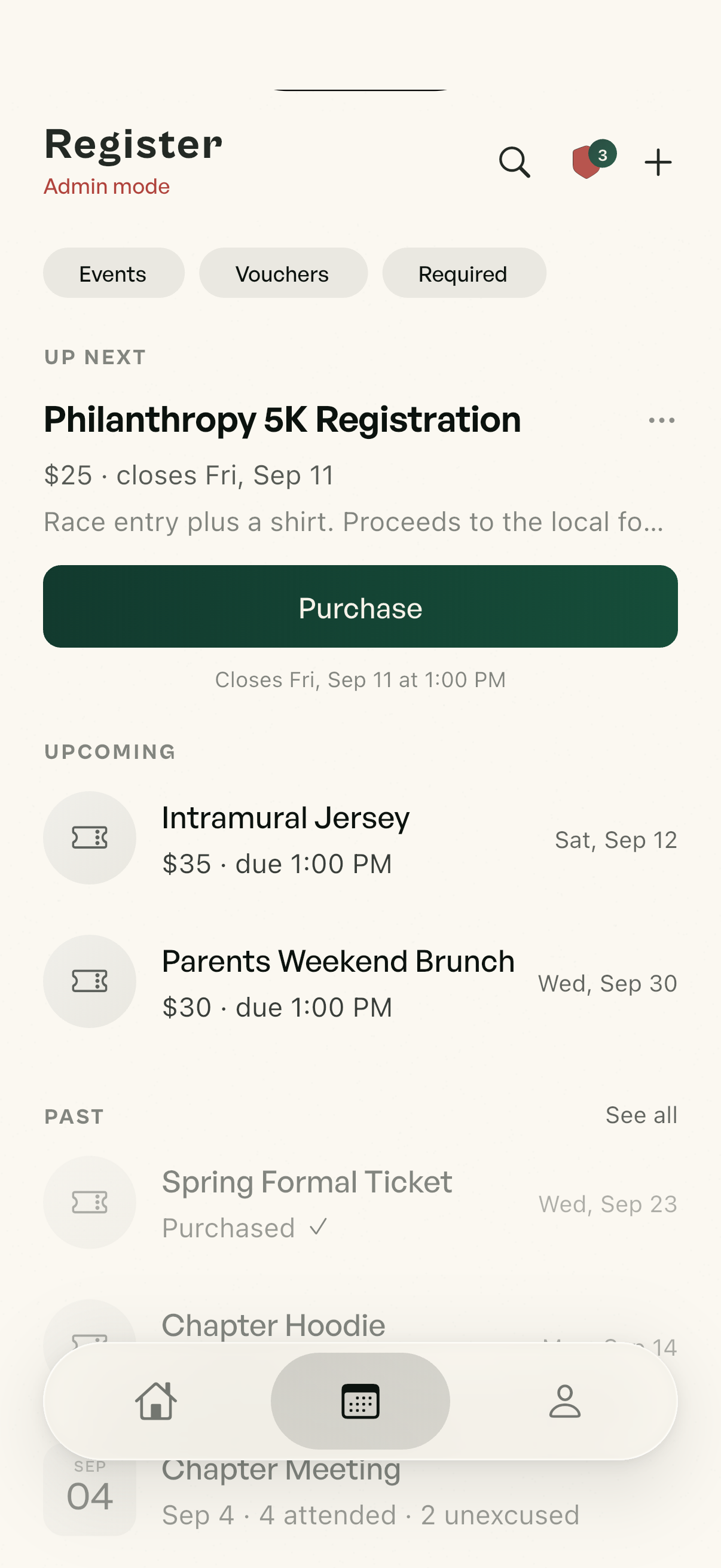 The Register tab: the next event up, with upcoming events and vouchers below it